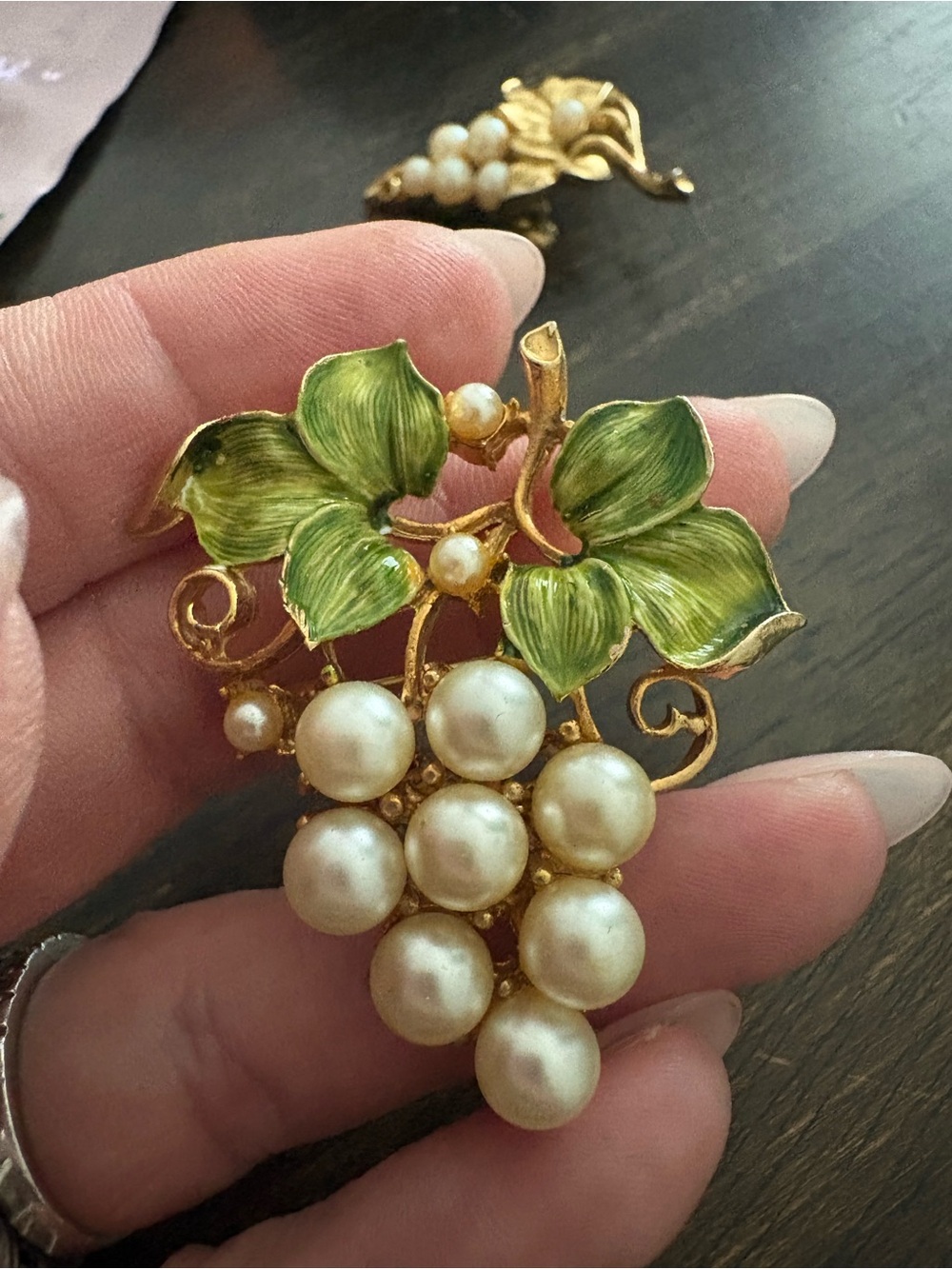 Gold-Tone Green Enamel and Faux Pearl Grape Cluster Brooch - Women Jewelry